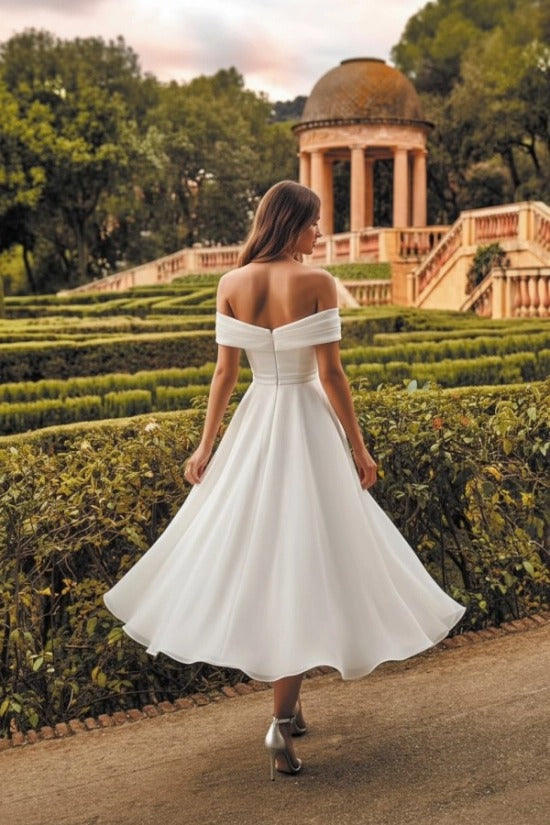 Off-Shoulder Sweetheart Ruched Minimalist A-Line Tea Length Wedding Dress Simple Bridal Gown