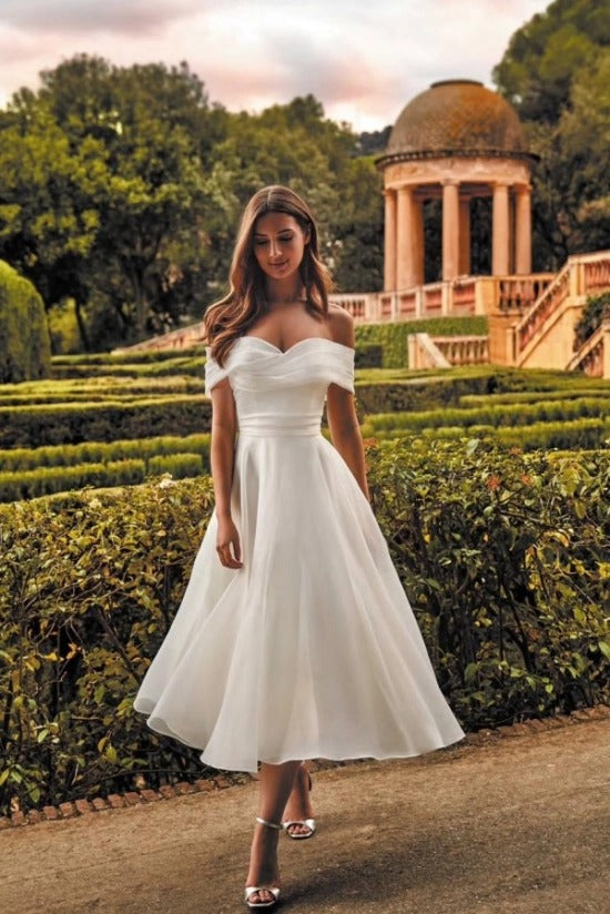 Off-Shoulder Sweetheart Ruched Minimalist A-Line Tea Length Wedding Dress Simple Bridal Gown