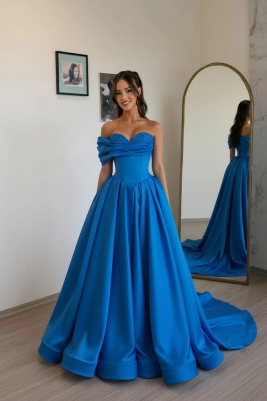 Off-Shoulder Sweetheart Satin Boned Corset A-Line Ball Gown Sweep Train Formal Prom Dress