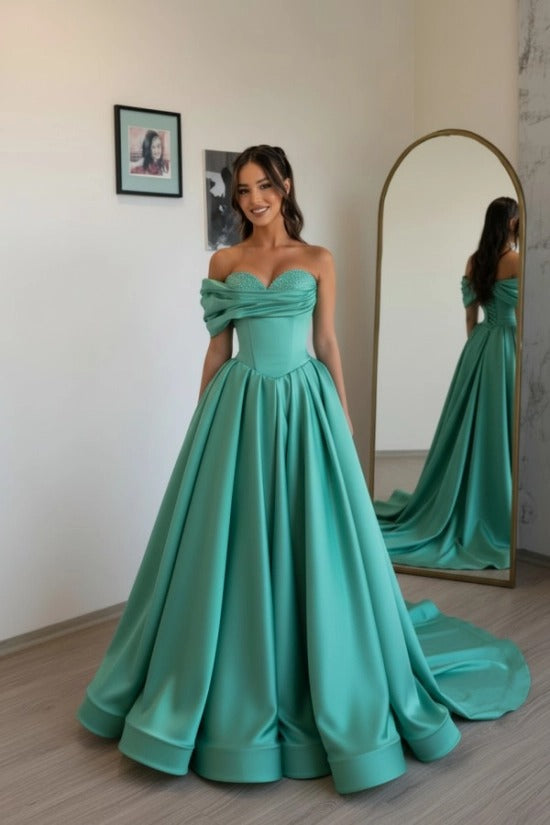 Off-Shoulder Sweetheart Satin Boned Corset A-Line Ball Gown Sweep Train Formal Prom Dress