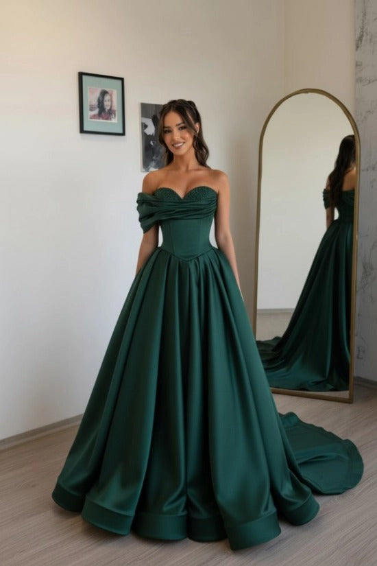 Off-Shoulder Sweetheart Satin Boned Corset A-Line Ball Gown Sweep Train Formal Prom Dress