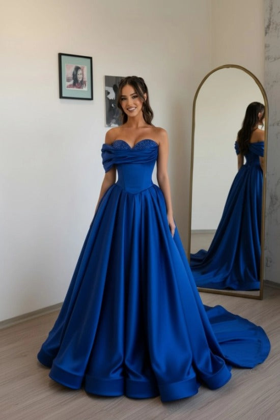 Off-Shoulder Sweetheart Satin Boned Corset A-Line Ball Gown Sweep Train Formal Prom Dress