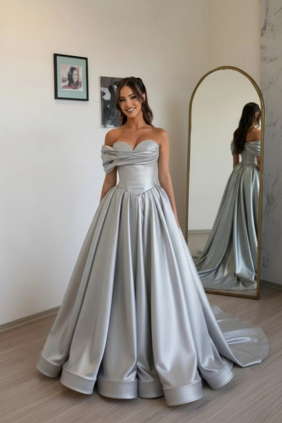 Off-Shoulder Sweetheart Satin Boned Corset A-Line Ball Gown Sweep Train Formal Prom Dress