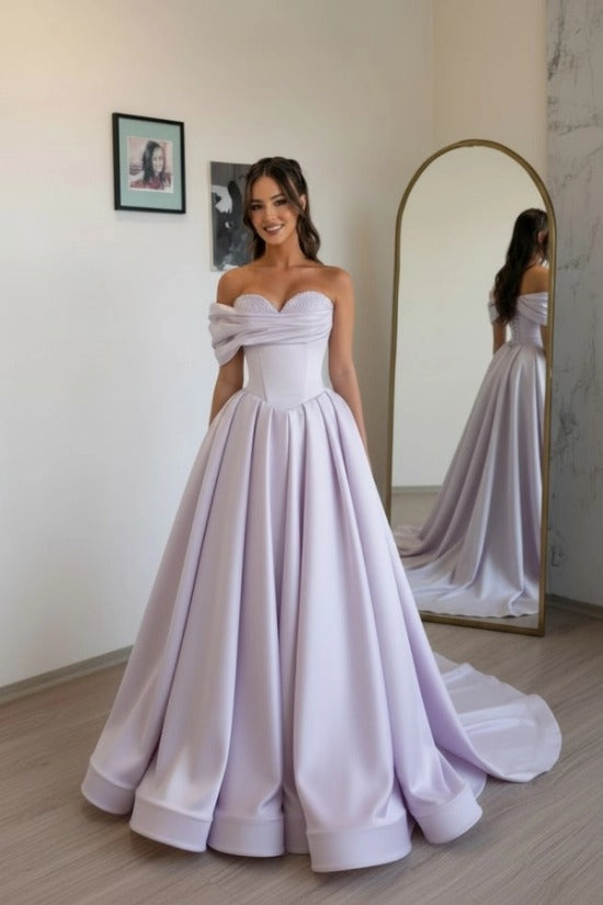 Off-Shoulder Sweetheart Satin Boned Corset A-Line Ball Gown Sweep Train Formal Prom Dress