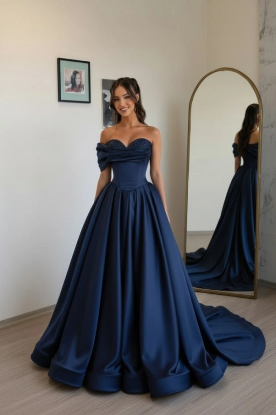 Off-Shoulder Sweetheart Satin Boned Corset A-Line Ball Gown Sweep Train Formal Prom Dress