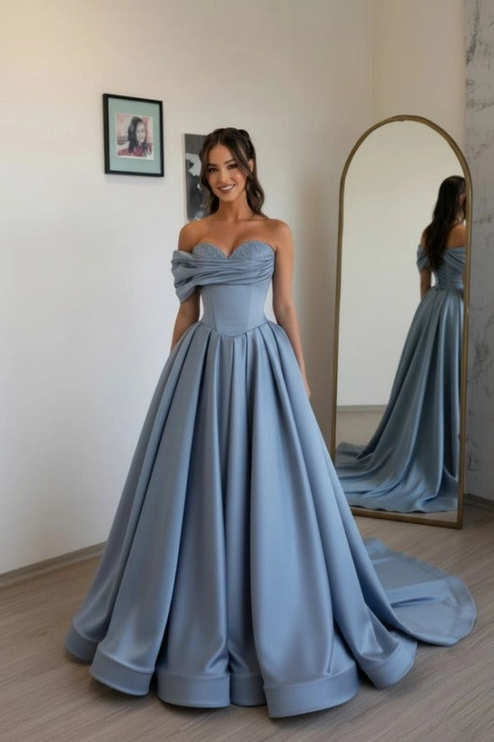 Off-Shoulder Sweetheart Satin Boned Corset A-Line Ball Gown Sweep Train Formal Prom Dress
