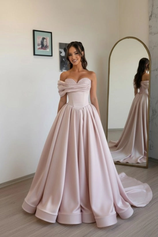 Off-Shoulder Sweetheart Satin Boned Corset A-Line Ball Gown Sweep Train Formal Prom Dress