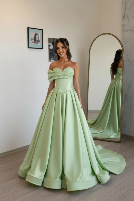 Off-Shoulder Sweetheart Satin Boned Corset A-Line Ball Gown Sweep Train Formal Prom Dress