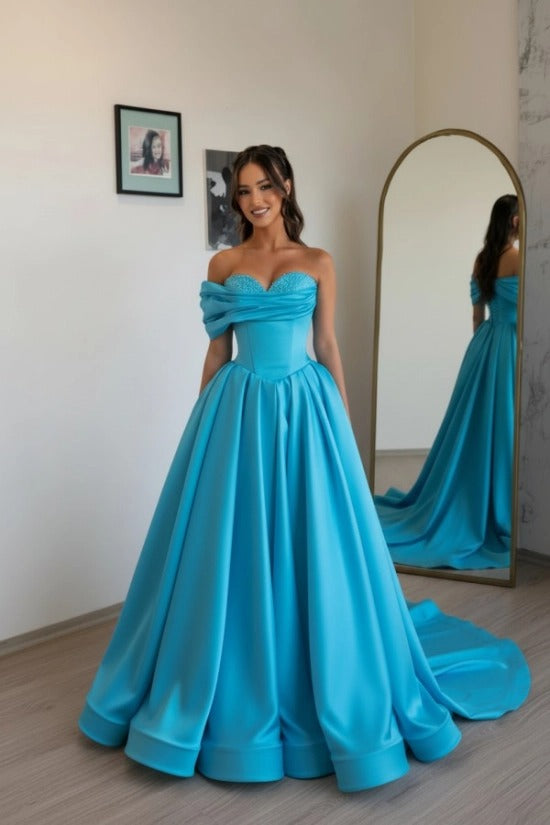 Off-Shoulder Sweetheart Satin Boned Corset A-Line Ball Gown Sweep Train Formal Prom Dress