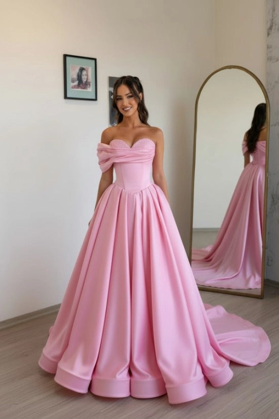 Off-Shoulder Sweetheart Satin Boned Corset A-Line Ball Gown Sweep Train Formal Prom Dress