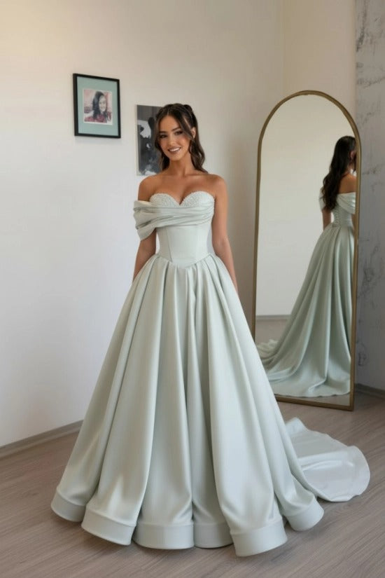 Off-Shoulder Sweetheart Satin Boned Corset A-Line Ball Gown Sweep Train Formal Prom Dress