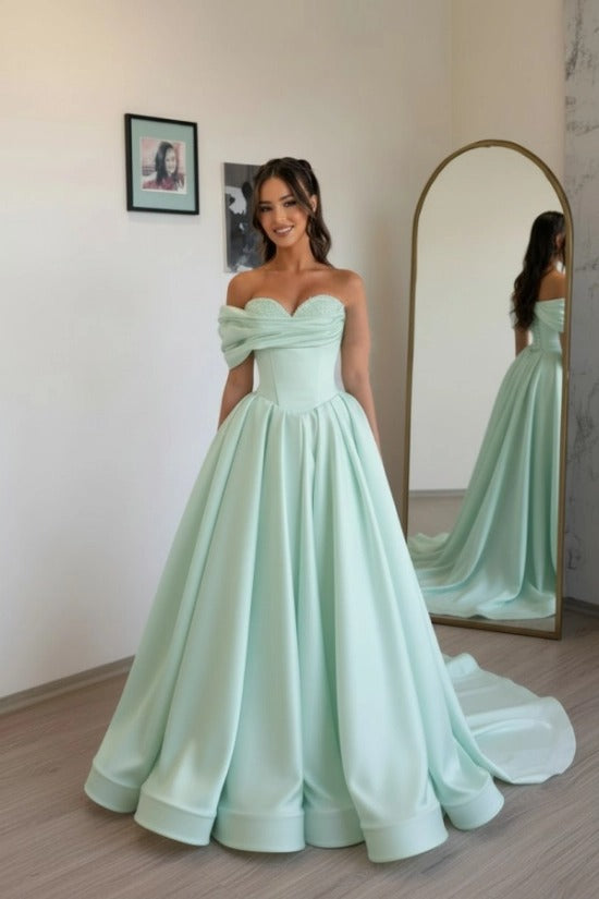 Off-Shoulder Sweetheart Satin Boned Corset A-Line Ball Gown Sweep Train Formal Prom Dress