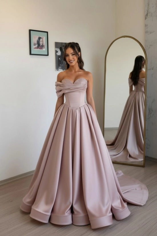 Off-Shoulder Sweetheart Satin Boned Corset A-Line Ball Gown Sweep Train Formal Prom Dress