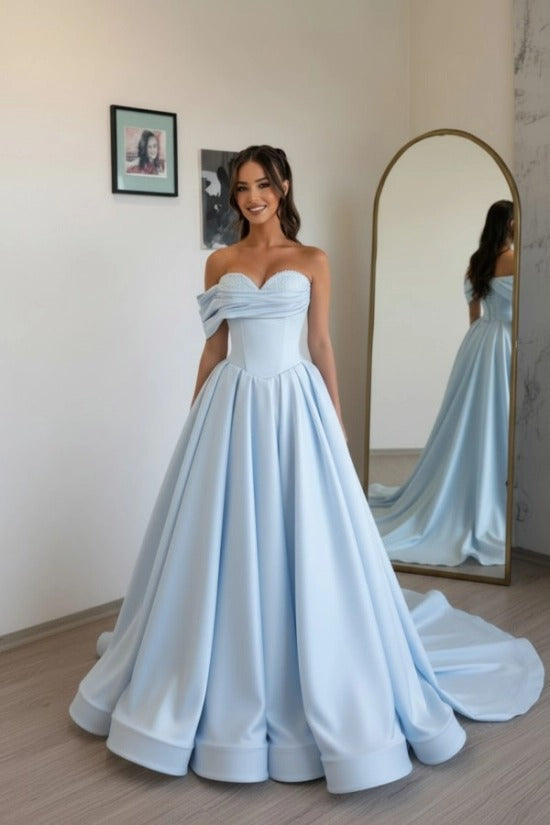 Off-Shoulder Sweetheart Satin Boned Corset A-Line Ball Gown Sweep Train Formal Prom Dress