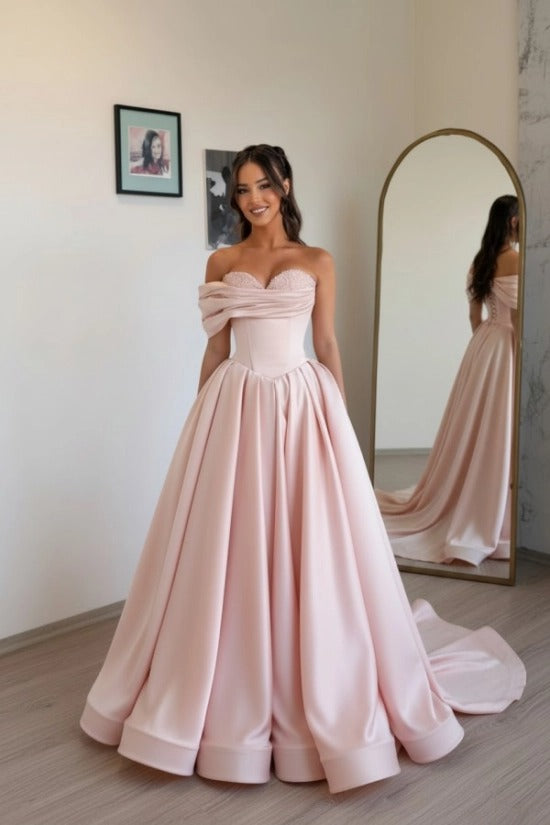 Off-Shoulder Sweetheart Satin Boned Corset A-Line Ball Gown Sweep Train Formal Prom Dress