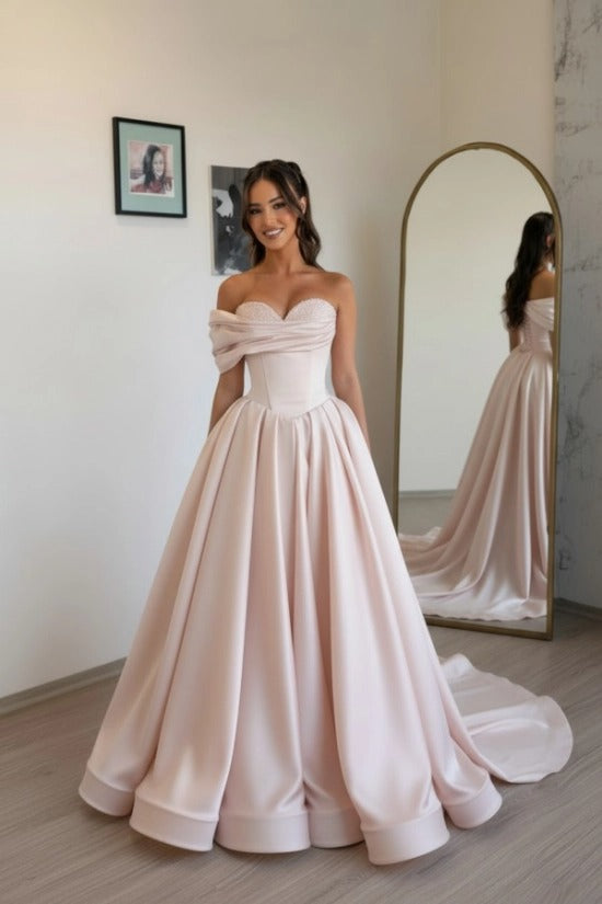 Off-Shoulder Sweetheart Satin Boned Corset A-Line Ball Gown Sweep Train Formal Prom Dress