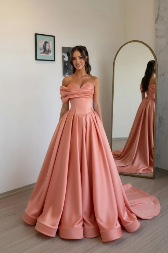 Off-Shoulder Sweetheart Satin Boned Corset A-Line Ball Gown Sweep Train Formal Prom Dress