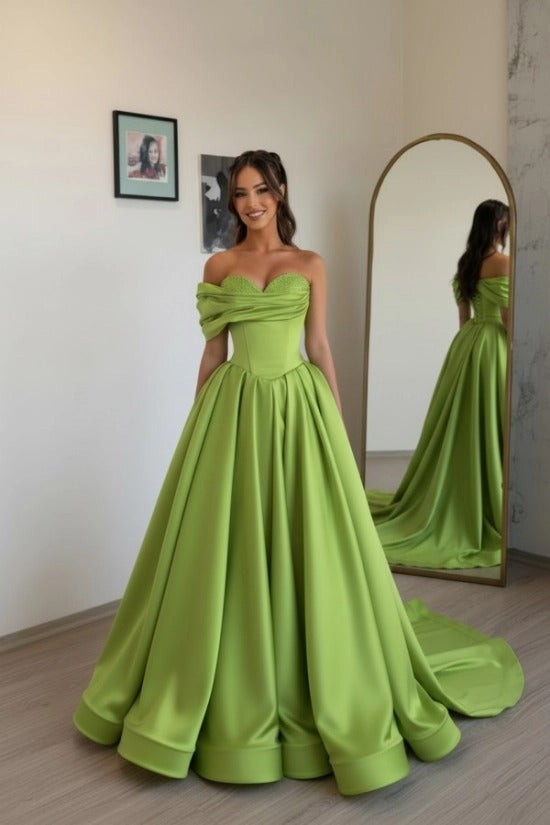 Off-Shoulder Sweetheart Satin Boned Corset A-Line Ball Gown Sweep Train Formal Prom Dress