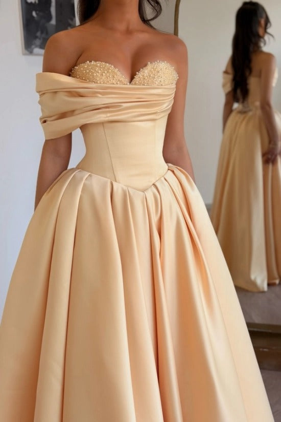 Off-Shoulder Sweetheart Satin Boned Corset A-Line Ball Gown Sweep Train Formal Prom Dress