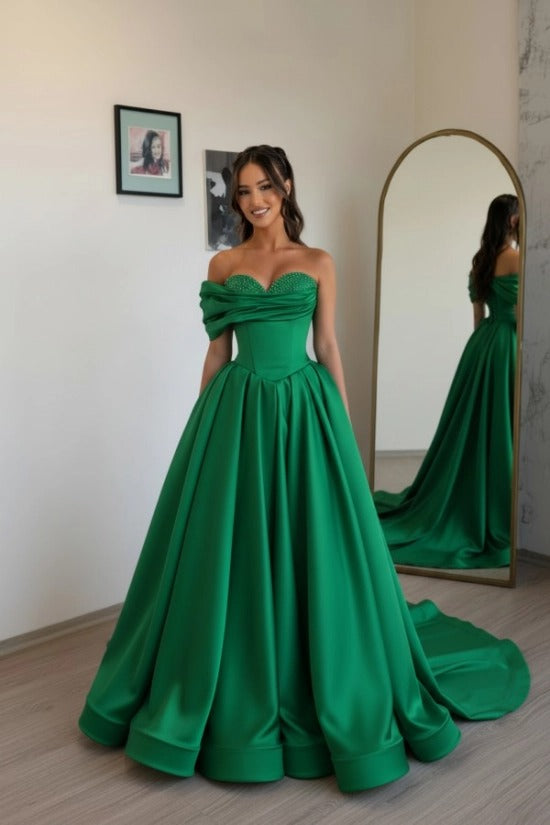 Off-Shoulder Sweetheart Satin Boned Corset A-Line Ball Gown Sweep Train Formal Prom Dress