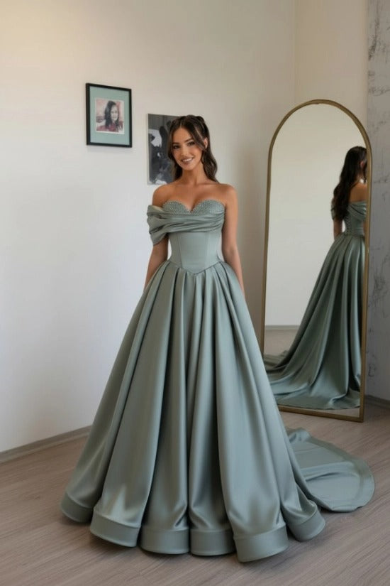 Off-Shoulder Sweetheart Satin Boned Corset A-Line Ball Gown Sweep Train Formal Prom Dress