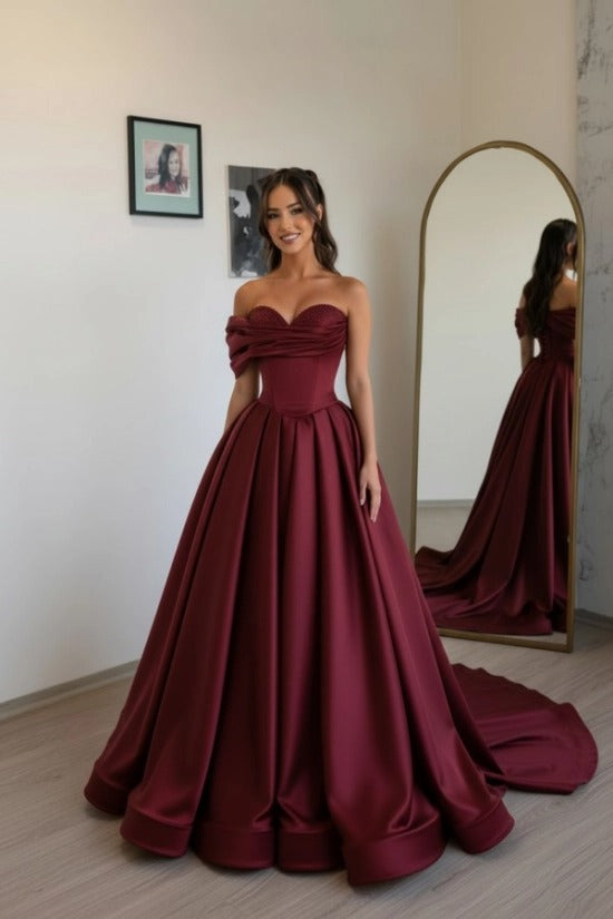 Off-Shoulder Sweetheart Satin Boned Corset A-Line Ball Gown Sweep Train Formal Prom Dress