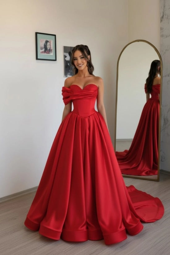 Off-Shoulder Sweetheart Satin Boned Corset A-Line Ball Gown Sweep Train Formal Prom Dress