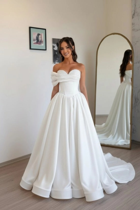 Off-Shoulder Sweetheart Satin Boned Corset A-Line Ball Gown Sweep Train Formal Prom Dress