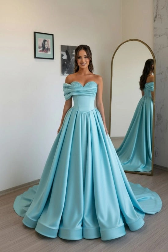 Off-Shoulder Sweetheart Satin Boned Corset A-Line Ball Gown Sweep Train Formal Prom Dress