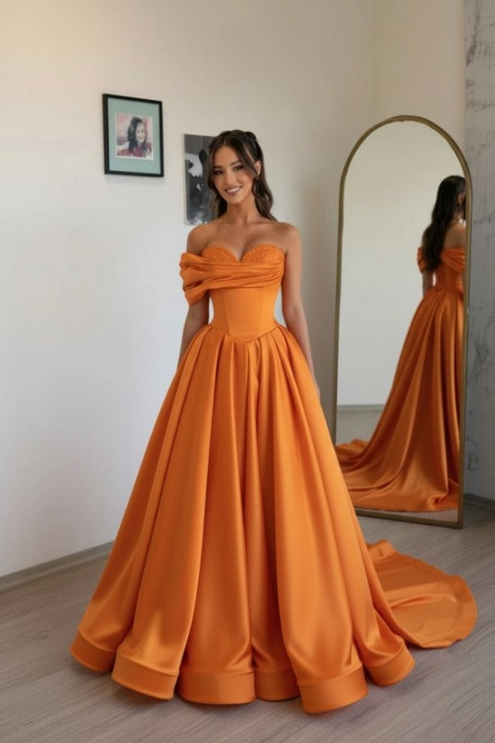 Off-Shoulder Sweetheart Satin Boned Corset A-Line Ball Gown Sweep Train Formal Prom Dress