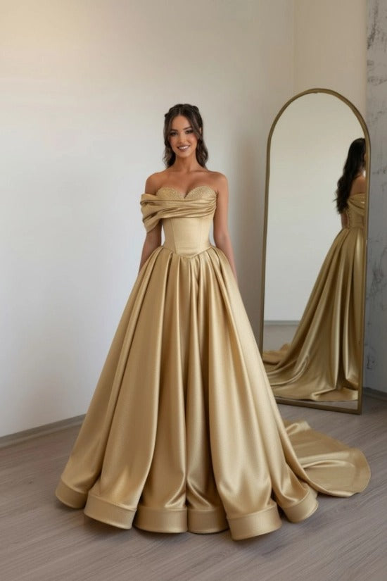 Off-Shoulder Sweetheart Satin Boned Corset A-Line Ball Gown Sweep Train Formal Prom Dress