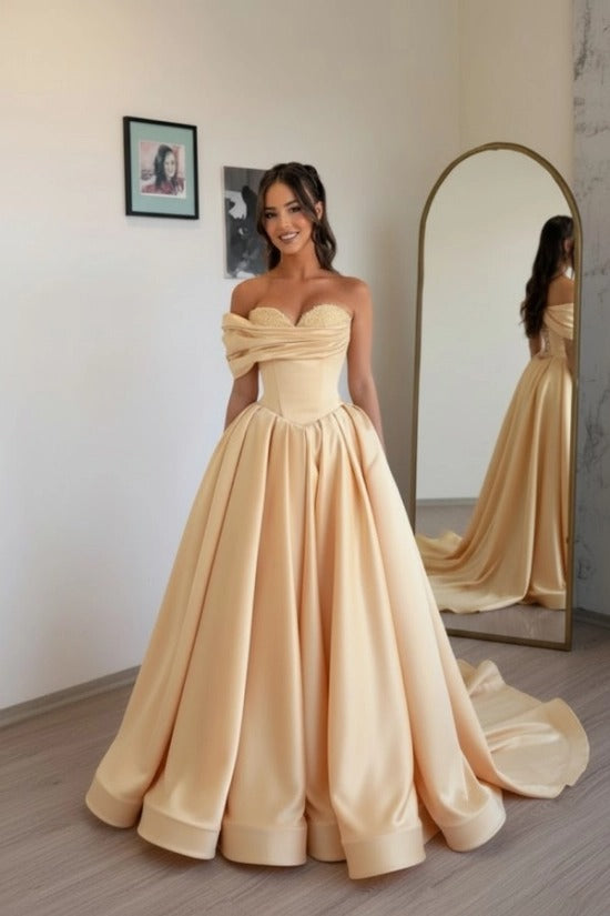 Off-Shoulder Sweetheart Satin Boned Corset A-Line Ball Gown Sweep Train Formal Prom Dress