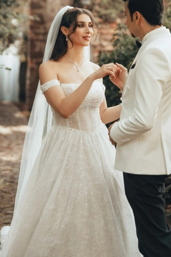Off-Shoulder Sweetheart Sheer Boned Corset Glitter Tulle A-Line Ball Gown Wedding Dress Cathedral Train