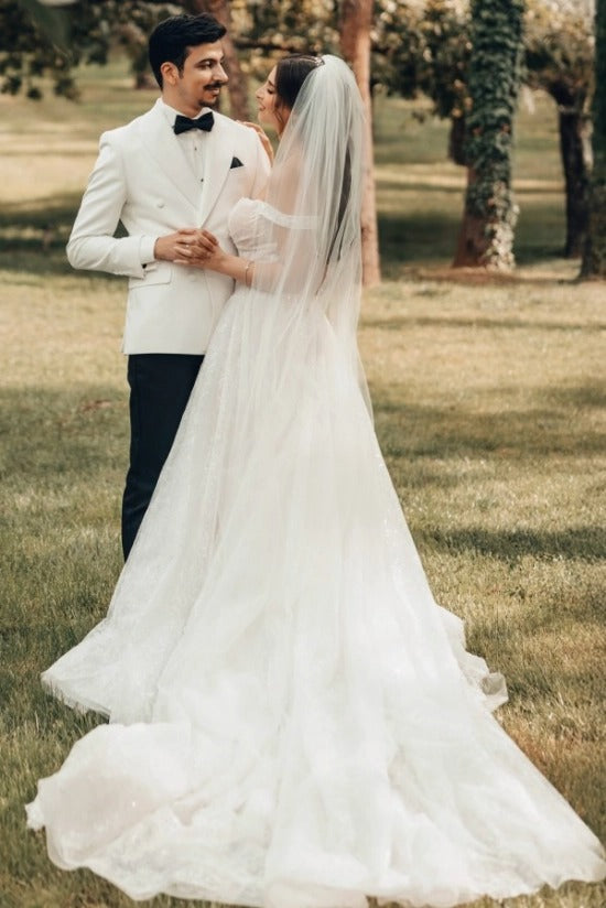 Off-Shoulder Sweetheart Sheer Boned Corset Glitter Tulle A-Line Ball Gown Wedding Dress Cathedral Train