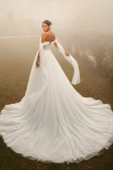 Off-Shoulder Tulle Streamer Sleeves Sweetheart 3D Floral Crystal Illusion Boned Corset Peplum Tulle Ball Gown Wedding Dress Cathedral Train