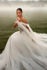 Off-Shoulder Tulle Streamer Sleeves Sweetheart 3D Floral Crystal Illusion Boned Corset Peplum Tulle Ball Gown Wedding Dress Cathedral Train