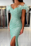 Off The Shoulder Light Green Split Front Prom Dress with Sequins