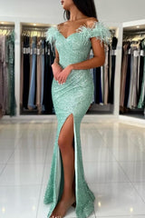 Off The Shoulder Light Green Split Front Prom Evening Dresses with Sequins