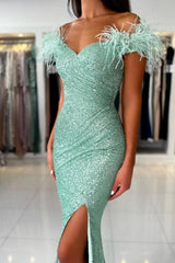 Off The Shoulder Light Green Split Front Prom Evening Dresses with Sequins