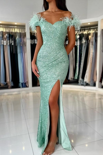 Off The Shoulder Light Green Split Front Prom Evening Dresses with Sequins