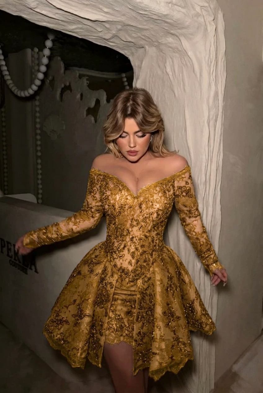 Gold off the shoulder long sleeve sequin lace corset fit flare a-line mini party dress