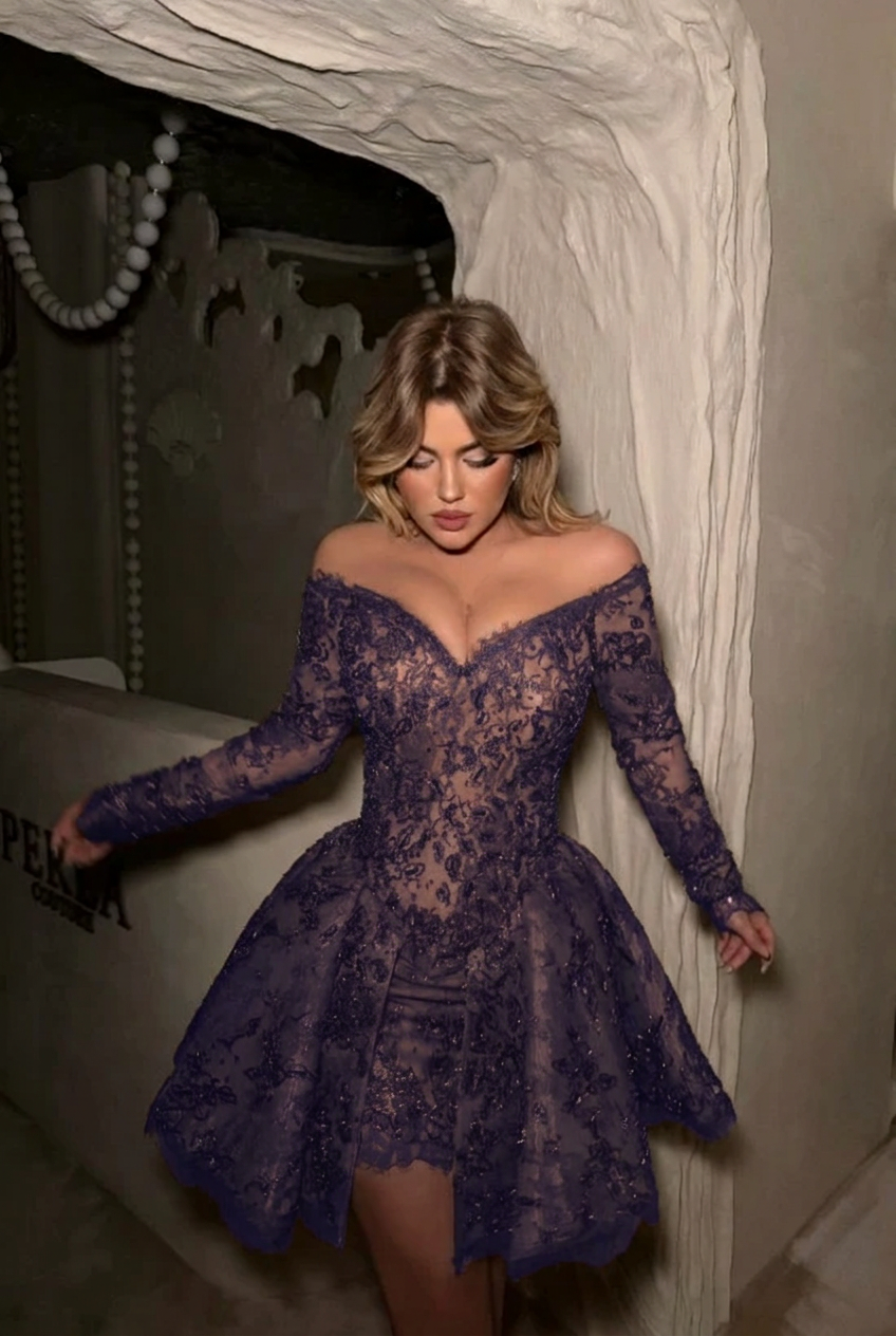Regency off the shoulder long sleeve sequin lace corset fit flare a-line mini party dress