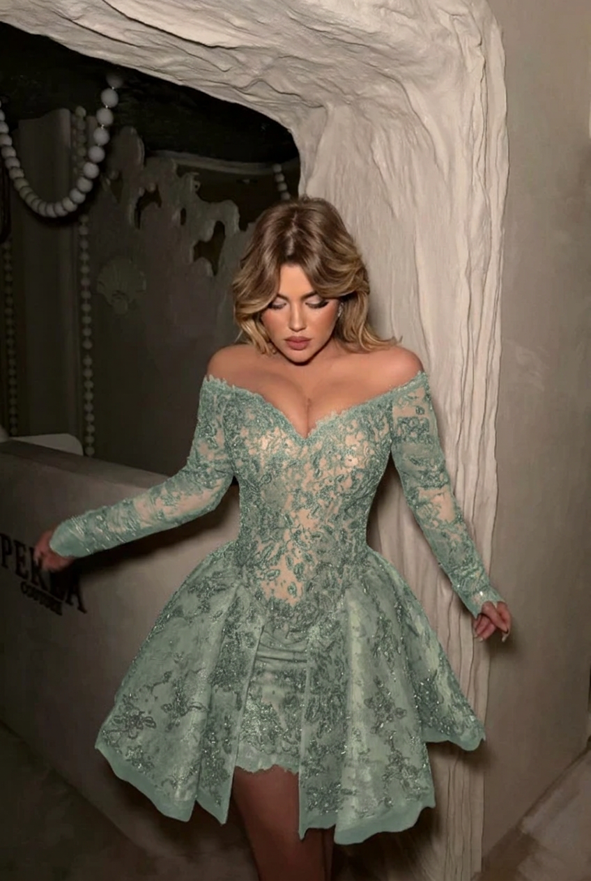 Dusty sage off the shoulder long sleeve sequin lace corset fit flare a-line mini party dress