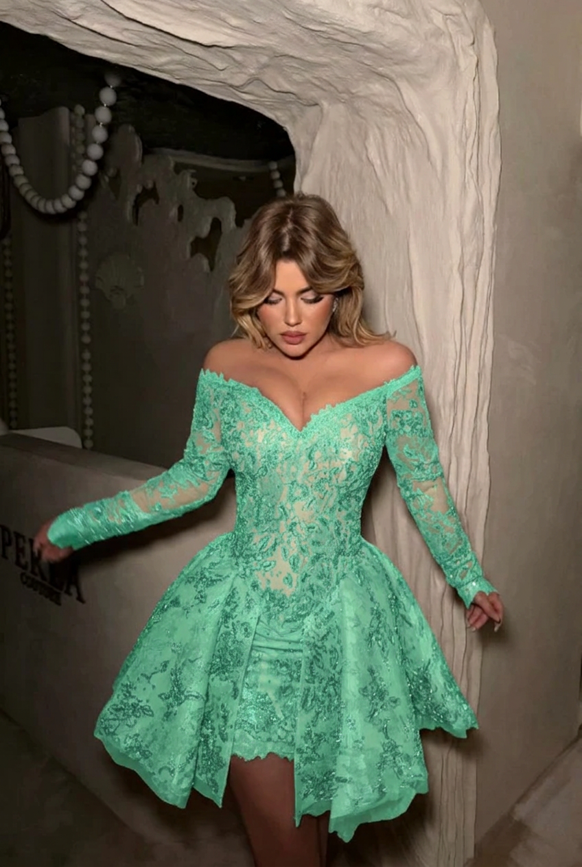 Mint green off the shoulder long sleeve sequin lace corset fit flare a-line mini party dress