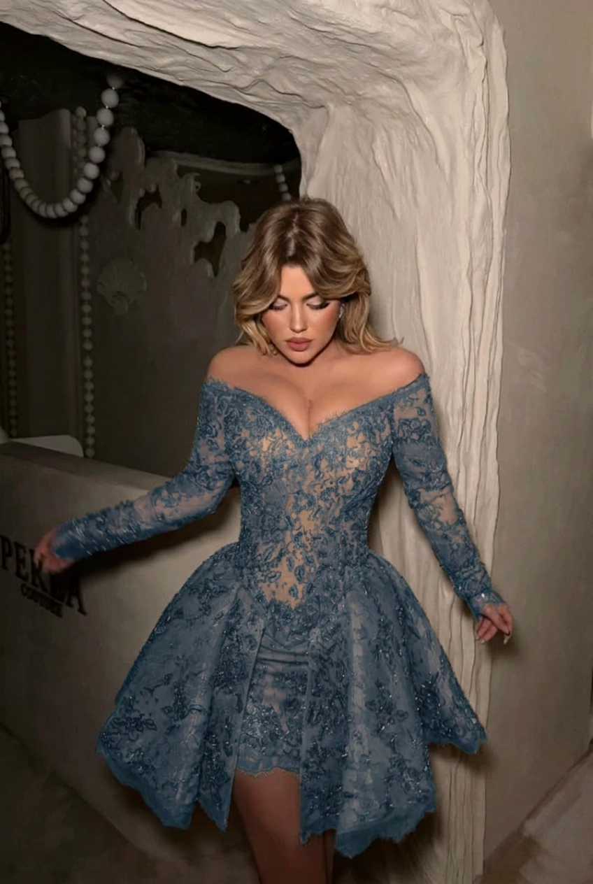 Dusty blue off the shoulder long sleeve sequin lace corset fit flare a-line mini party dress