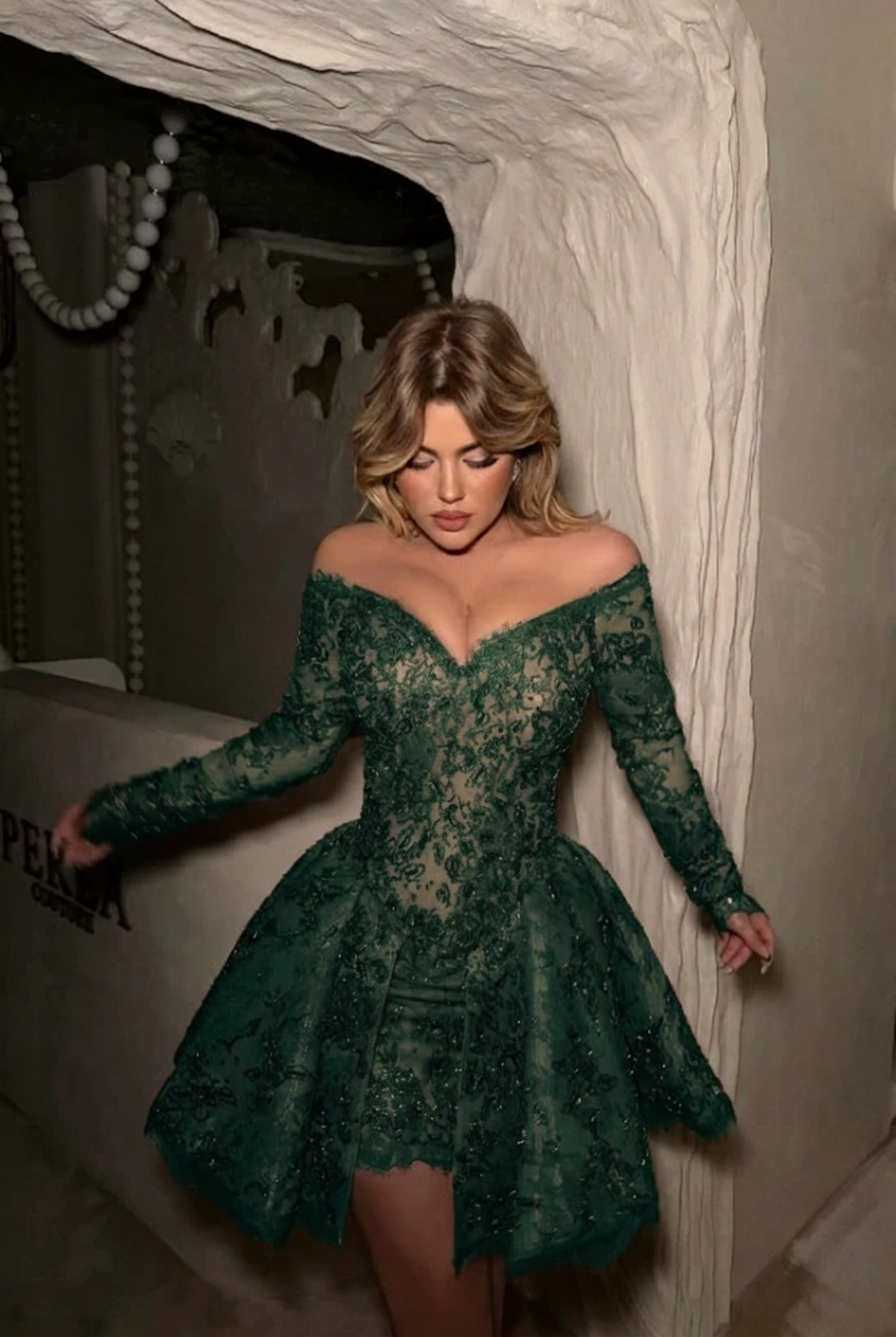 Dark green off the shoulder long sleeve sequin lace corset fit flare a-line mini party dress