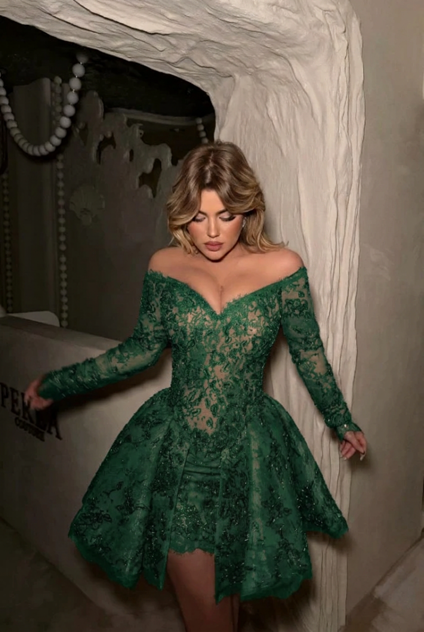 Emerald green off the shoulder long sleeve sequin lace corset fit flare a-line mini party dress