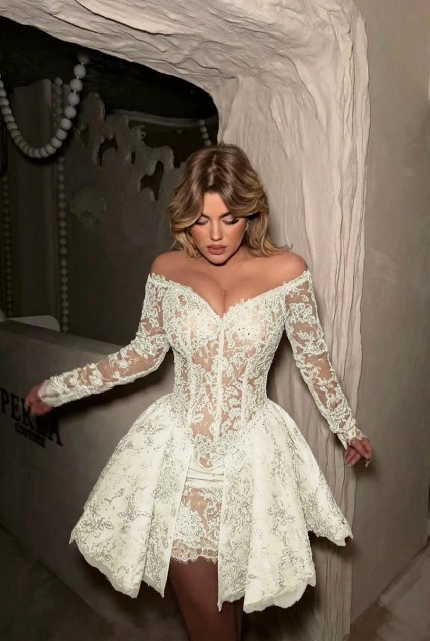 Ivory off the shoulder long sleeve sequin lace corset fit flare a-line mini party dress