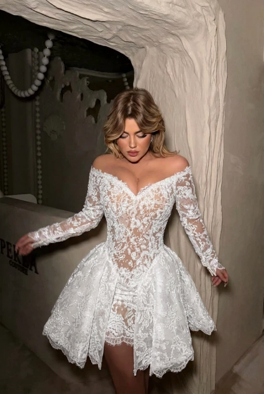 White off the shoulder long sleeve sequin lace corset fit flare a-line mini party dress