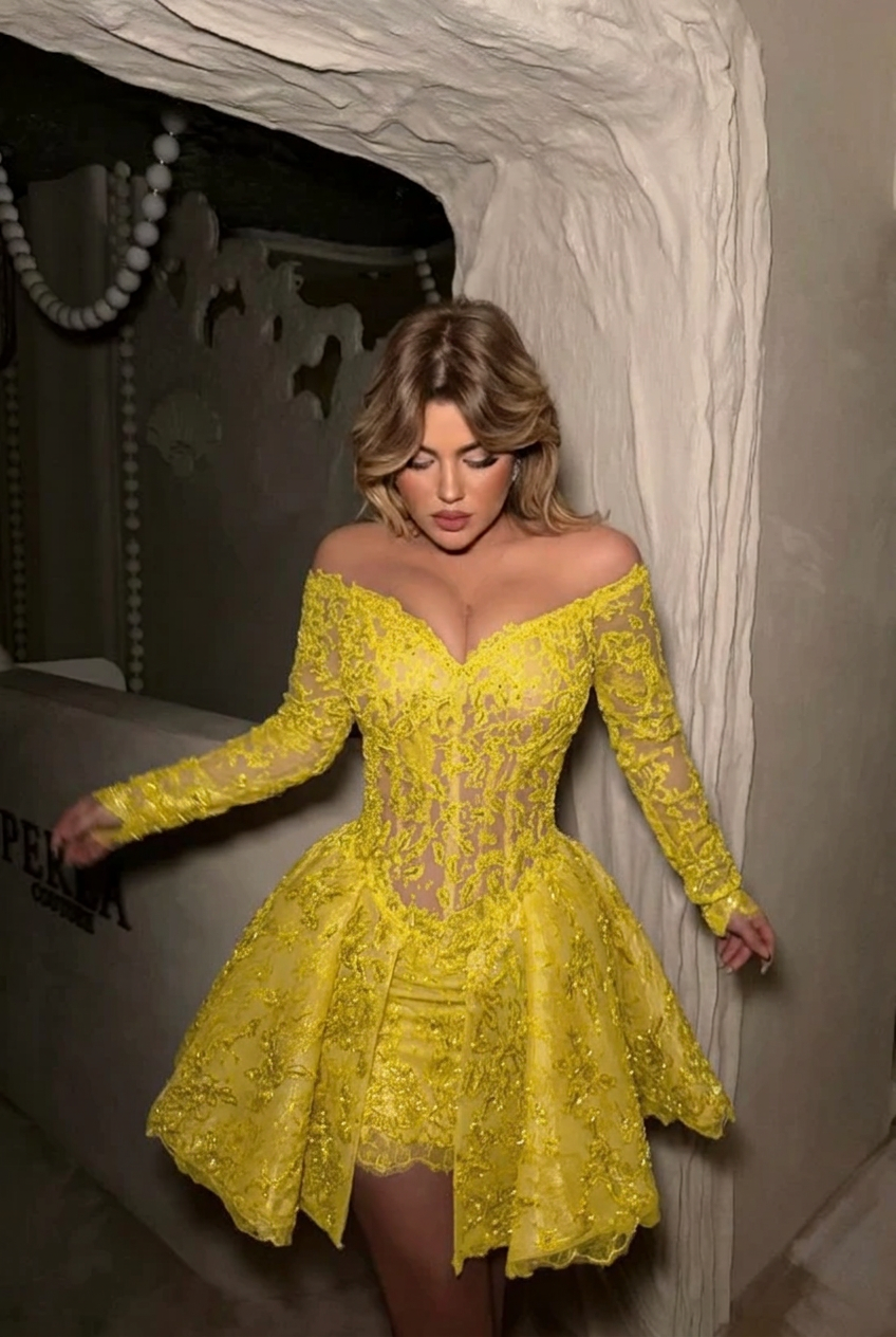Yellow off the shoulder long sleeve sequin lace corset fit flare a-line mini party dress